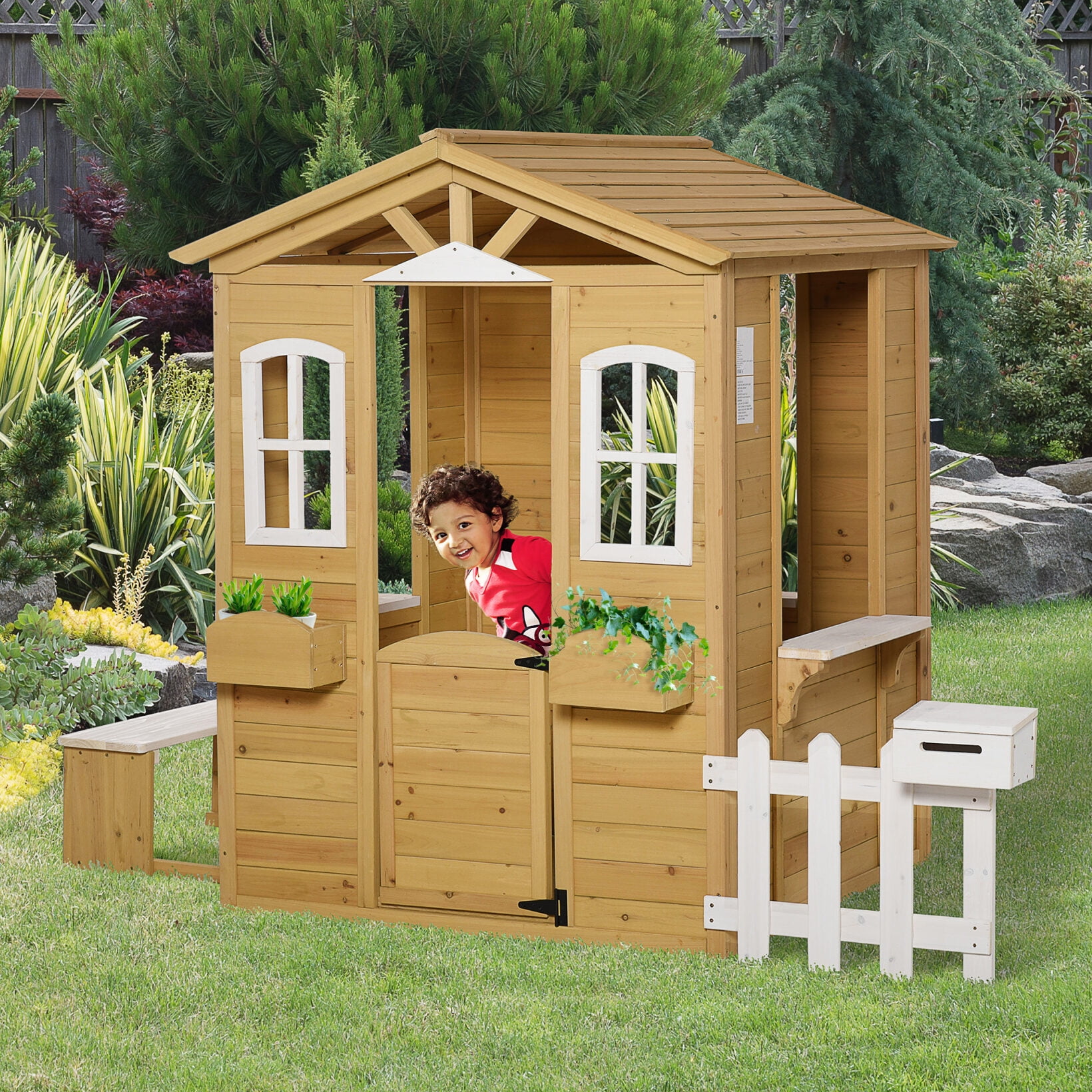Outdoor Playhouse for Kids Wooden Cottage with Working Doors