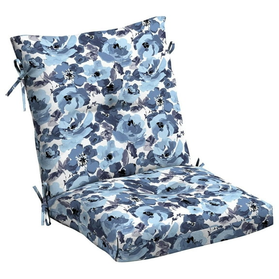 Outdoor Plush Modern Tufted Blowfill Dining Chair Cushion, 21 x 40, Water , Fade Resistant, Tufted Cushion for Dining and Bistro Chairs, Blue Garden Floral