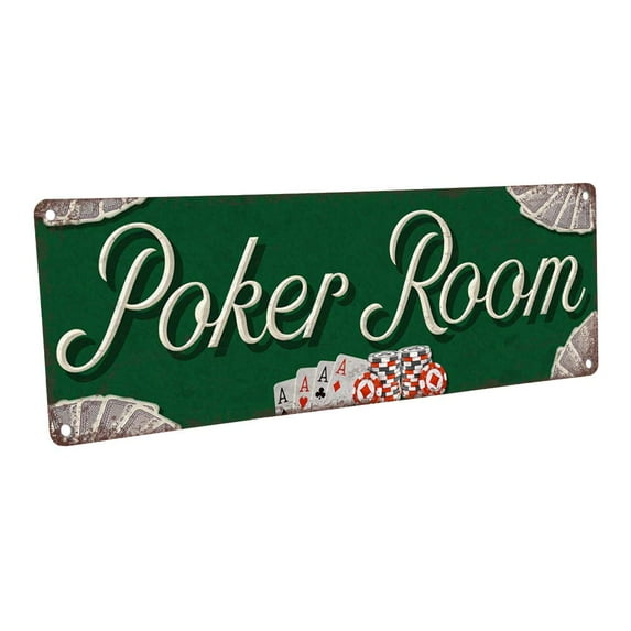 Outdoor Poker Room 4"x12" Metal Sign, Wall Décor for Mancave, Den, and Gameroom
