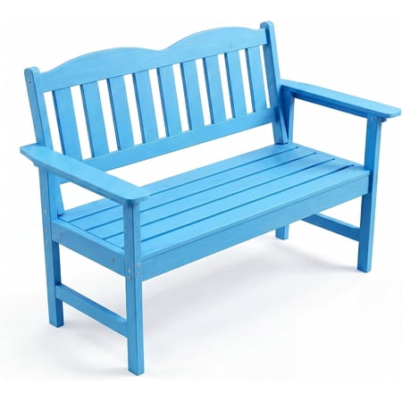 Outdoor Poly Lumber Patio Bench, 2-Seat Slatted Garden Loveseat for Porch, Yard, Park & Backyard, Black/Blue/Natural