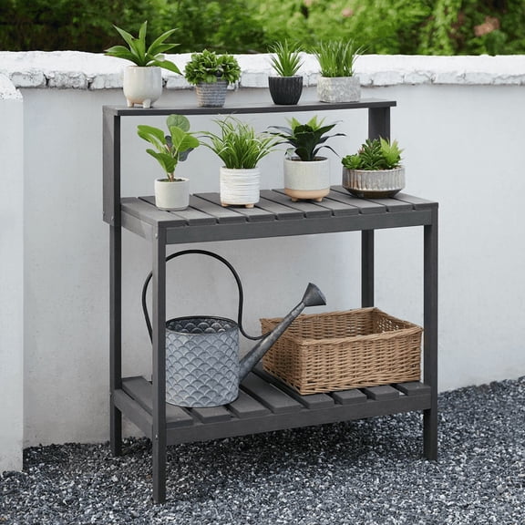 GONICHA Outdoor Poly Lumber Potting Bench, Polystyrene Garden Table with Storage Shelves, All-Weather Patio Work Station for Gardening,Gray