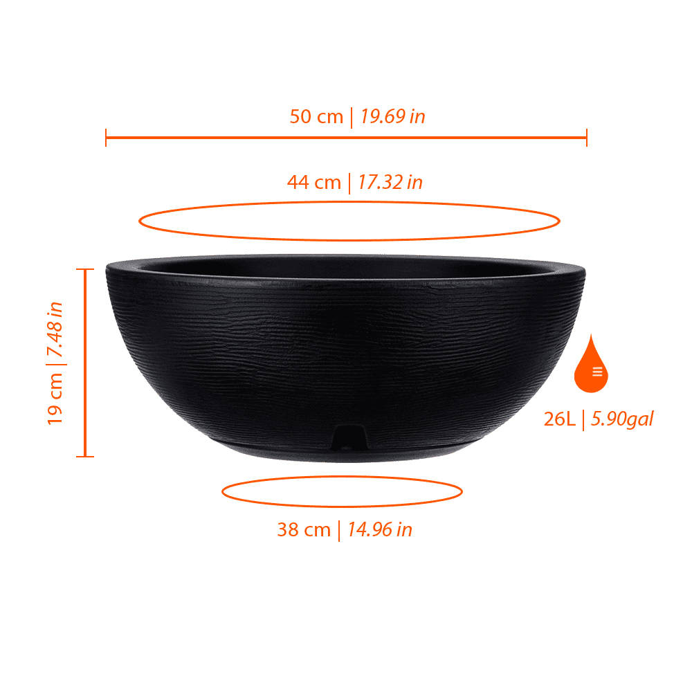 Outdoor Polyethylene Floridis Garden Bowl Planter, Removable Saucer, Drainage Hole, Indoor/Outdoor, Large Planter Bowl 20x7.50 inches, for Garden, Patio, Yard, Pool, Black