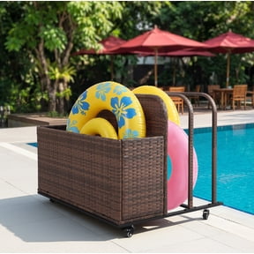 Outdoor Pool Float Storage Basket, PE Rattan Rolling Toy Caddy with Wheels, Patio Furniture Organizer Wicker Box Pool Storage Cart for Floaties, Noodles, Life Vests, Beach Balls