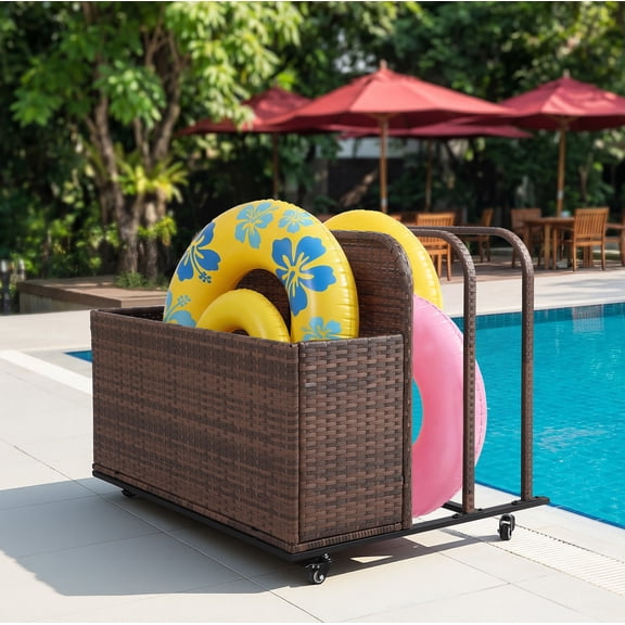 Outdoor Pool Float Storage Basket, PE Rattan Rolling Toy Caddy with Wheels, Patio Furniture Organizer Wicker Box Pool Storage Cart for Floaties, Noodles, Life Vests, Beach Balls