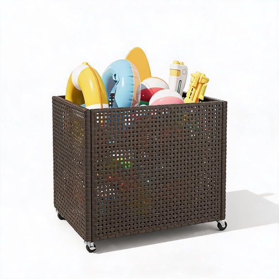 Outdoor Pool Float Storage Rack, Large Woven Poolside Storage Box with Wheels, PE Rattan Pool Caddy for Floats.