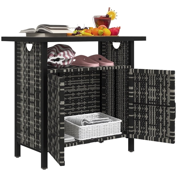 Outdoor Pool Towel Cabinet Organizer, PE Rattan Bar Table with Shelf, Pool Valet - Mixed-Gray