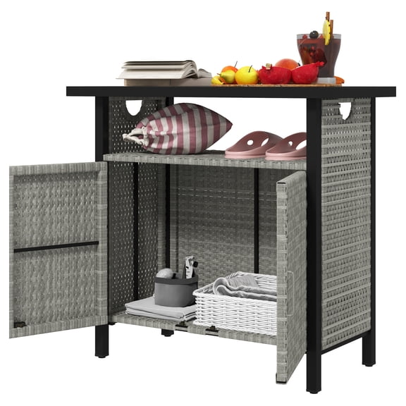 Outdoor Pool Towel Cabinet - PE Rattan Storage Organizer - Gray Poolside Valet with Shelf - Weather-Resistant Steel Frame - 35.4" W x 35.4" H
