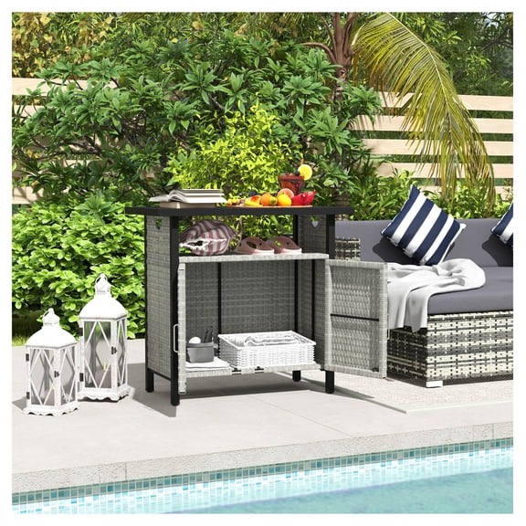 Outdoor Pool Towel Cabinet, PE Rattan Storage Organizer, Poolside Bar Table with Shelf, Weather-Resistant Valet, Gray