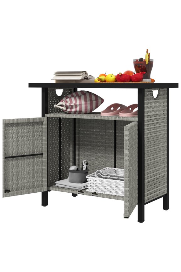 Outdoor Pool Towel Cabinet, PE Rattan Storage Organizer, Poolside Bar Table with Shelf, Weather-Resistant Valet, Gray
