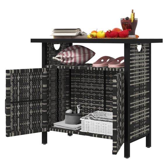 Outdoor Pool Towel Cabinet, PE Rattan Storage Organizer, Poolside Bar Table with Shelf, Weather-Resistant Valet, Mixed-Gray