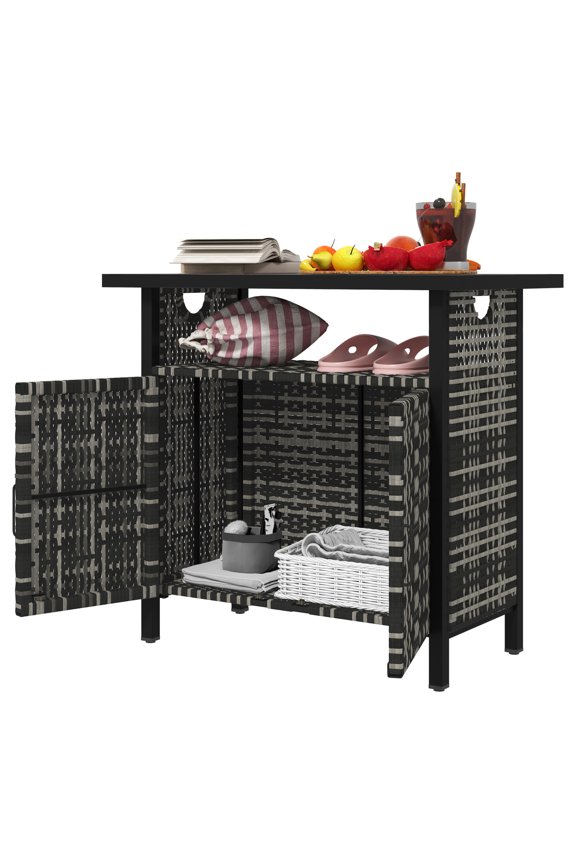Outdoor Pool Towel Cabinet, PE Rattan Storage Organizer, Poolside Bar Table with Shelf, Weather-Resistant Valet, Mixed-Gray