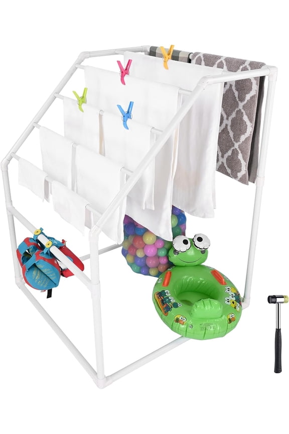Outdoor Pool Towel Rack 7 Bar Trapedozal PVC Freestanding Poolside Storage Organizer 37"x37"x50",Large Space for Towels Quick Drying for Beach Swimming Pool Include 4 Towel Clips, Hammer