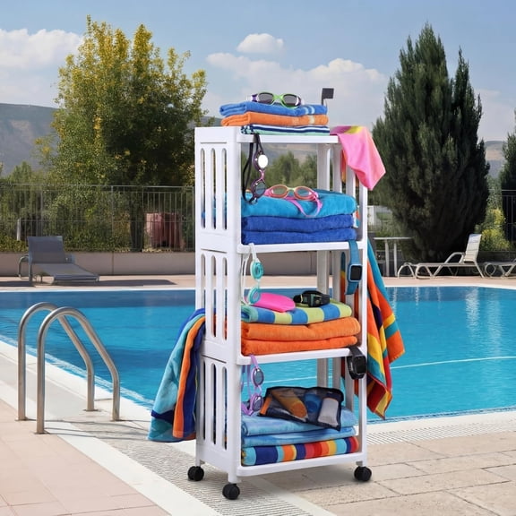 Outdoor Pool Towel Rack with Wheels Plastic Free Standing Poolside Towel Rack Large Capacity 4 Tier Multi-function Storage Organizer for Pool Area Outside Bathroom Spa Hot Tub Accessory Storage