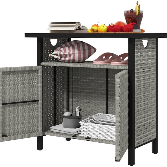 Outdoor Pool Towel Storage Cabinet Organizer, Outdoor Bar Table with Shelf and Cabinet, Pool Towel Holder Pool Valet with Weather-Resistant PE Rattan and Steel Frame, Gray