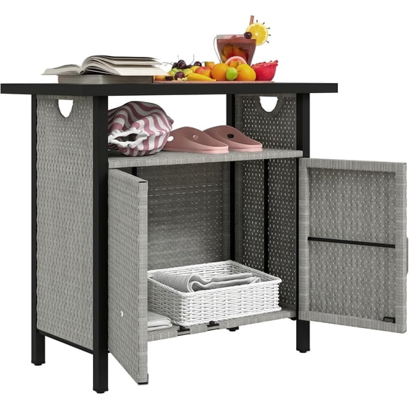 Outdoor Pool Towel Storage Cabinet Organizer, Outdoor Bar Table with Shelf and Cabinet, Pool Towel Holder Pool Valet with Weather-Resistant PE Rattan and Steel Frame, Gray
