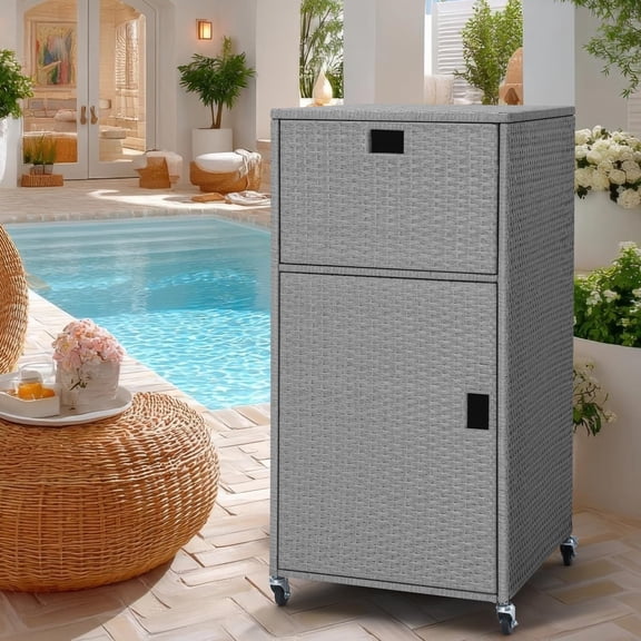 Outdoor Pool Towel Storage Cabinet Outdoor Towel Rack For Pool With Shelf & Drawer Pool Towel Holder With Rolling Wheels Hot Tub Towel Rack W/Waterproof Cover Poolside Towel Valet Caddy For Spa Grey