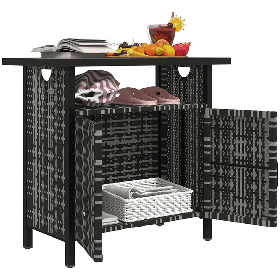 Outdoor Pool Towel Storage Cabinet, PE Rattan Poolside Organizer, Bar Table w/ Shelf - Mixed-Gray