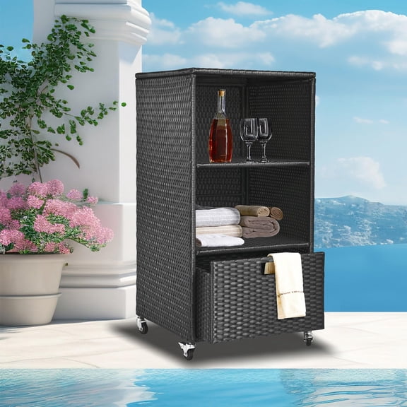 Outdoor Pool Towel Storage Cabinet, Rolling Towel Rack Holder With Shelf And Drawer, Mobile Poolside Towel Valet Caddy With Waterproof Zippered Cover For Spa Hot Tub, Black