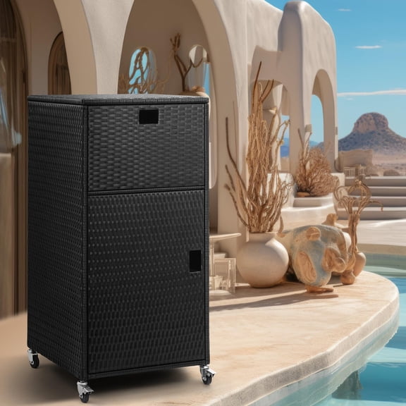 Outdoor Pool Towel Storage Cabinet, Rolling Towel Rack Holder With Shelf And Drawer, Mobile Poolside Towel Valet Caddy With Waterproof Zippered Cover For Spa Hot Tub, Gray