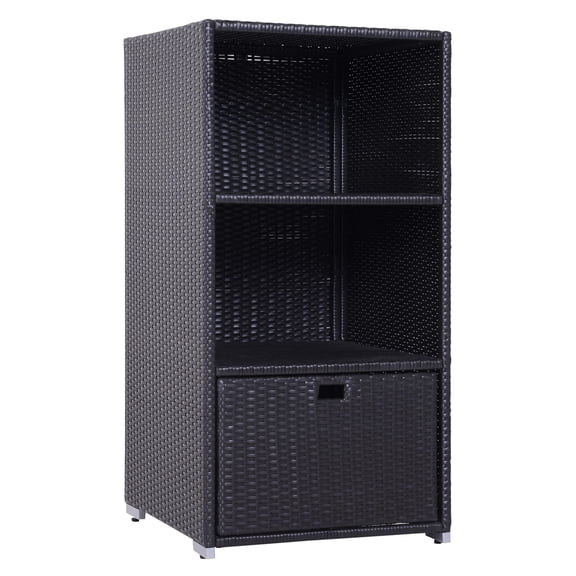 Outdoor Pool Towel Storage Cabinet, Waterproof PE Rattan Wicker Organizer, Freestanding Spa And Hot Tub Towel Rack Valet Caddy With Drawer And Shelves, Espresso