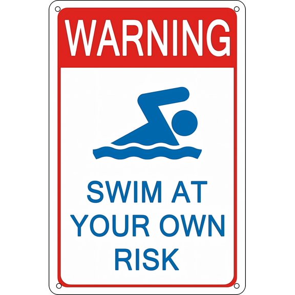 Outdoor Pool Warning Swim at Your Own Risk - 8"x12" Metal Poster, Pool Safety Decor for Home Bar Kitchen Coffee Man Cave Garage Wall Art
