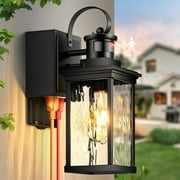 Black Outdoor Porch Light with GFCI Outlet, Motion Sensor Exterior Lighting Fixtures Wall Mount for House with Water Ripple Glass, Anti-Rust Waterproof Outdoor Wall Lantern for Garage