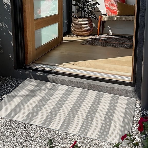 Outdoor Porch Rug 2x4, Washable Front Door Mat, Spring Plaid Welcome Mat Outside Entrance, Grey and White Striped Outdoor Entryway Rug, Farmhouse Buffalo Porch Layered Doormats Entry