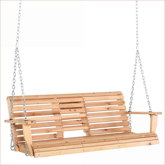 Outdoor Porch Swing | 3-Seater Wooden Bench with Folding Table & Cup Holders, 440lbs Capacity for Patio Backyard | Natural | Wood