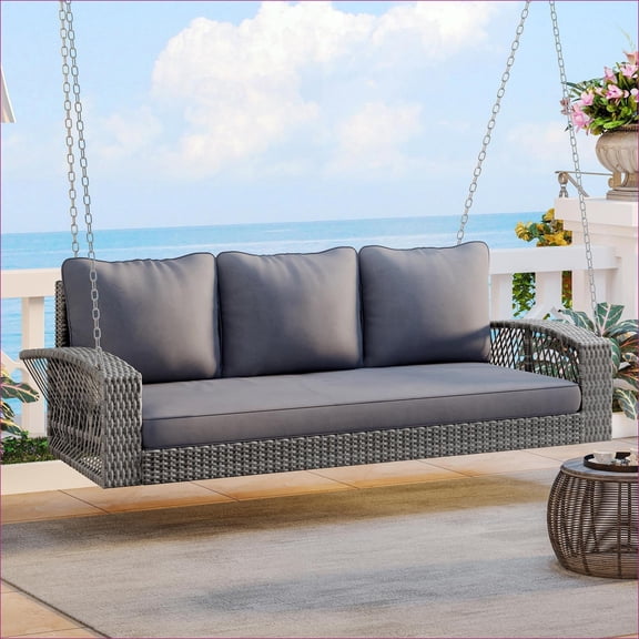 Outdoor Porch Swing | 69 Inch 3-Person Slate Gray PE Wicker, with Cushions & Chains, for Patio Backyard Garden Poolside | Wicker|Polyester