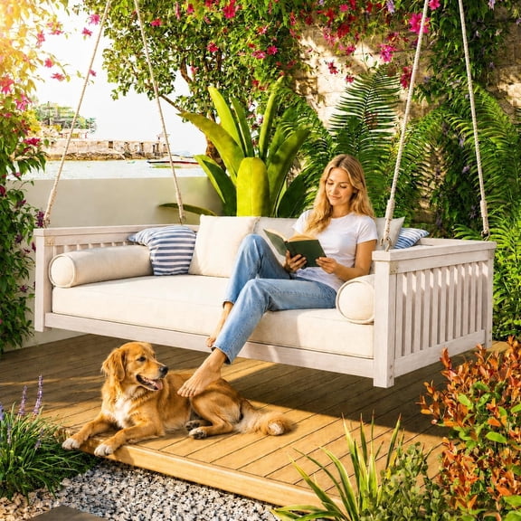 Outdoor Porch Swing Bed, Twin Size Acacia Wood Hanging Daybed with Hemp Ropes, Minimalist Patio Swing Bed for Garden, Backyard, Deck, 350 lbs Capacity (White)