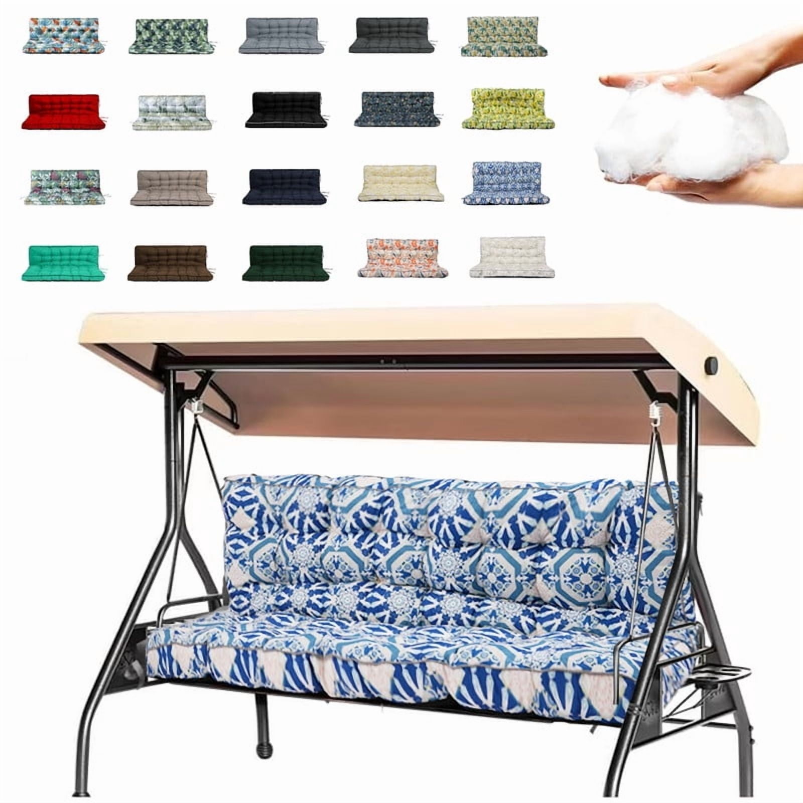 Outdoor Porch Swing Cushions, 4" thick patio swing cushions 3 Seater for outdoor furniture, Waterproof Bench Replacement Cushion with Ties(Blue Grid-63×40in)