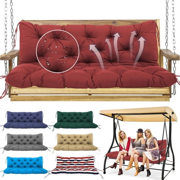 Outdoor Porch Swing Cushions with Backrest Waterproof Bench Cushion with Ties 3 Seater Swing Cushions Replacement for Outdoor Furniture Patio Garden Backyard(Wine red 60x40 inch)