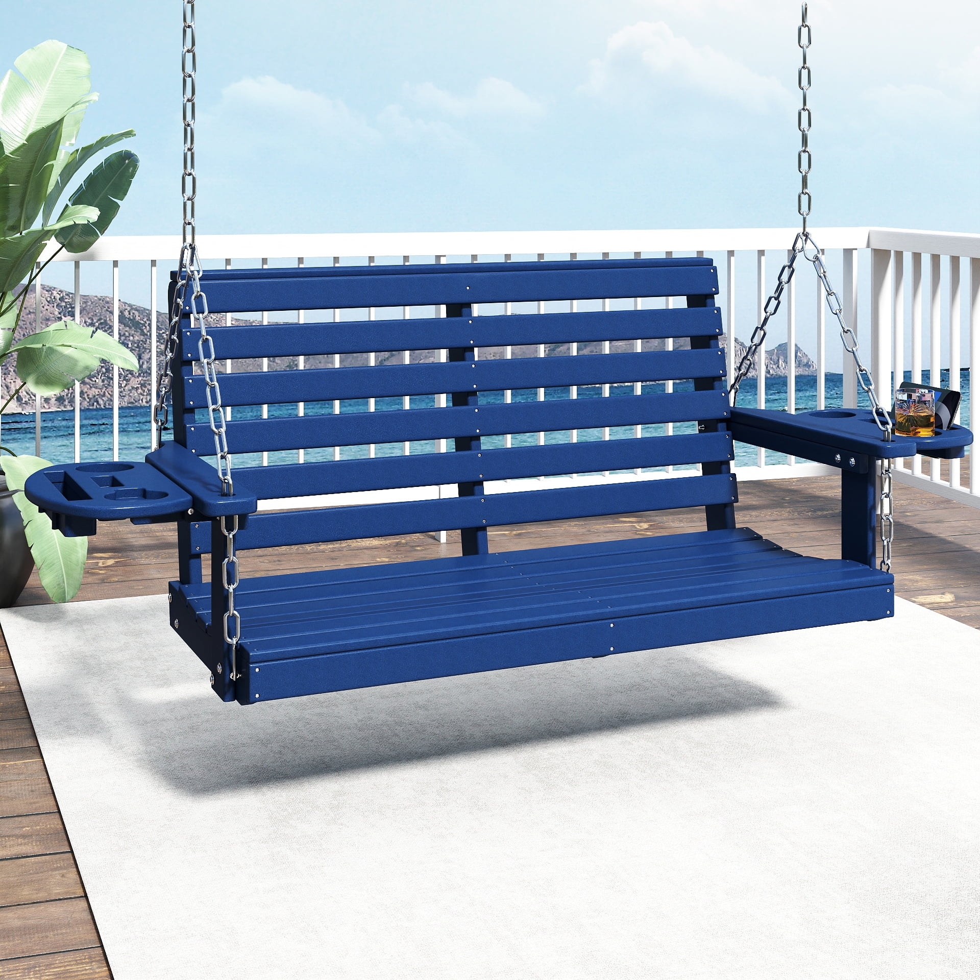 FOOWIN Outdoor Porch Swing, HDPE Patio Hanging Porch Swing with Cup