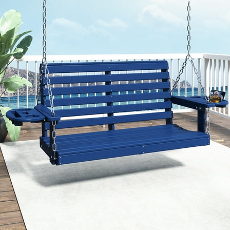 FOOWIN Outdoor Porch Swing, HDPE Patio Hanging Porch Swing with Cup Holder, Blue