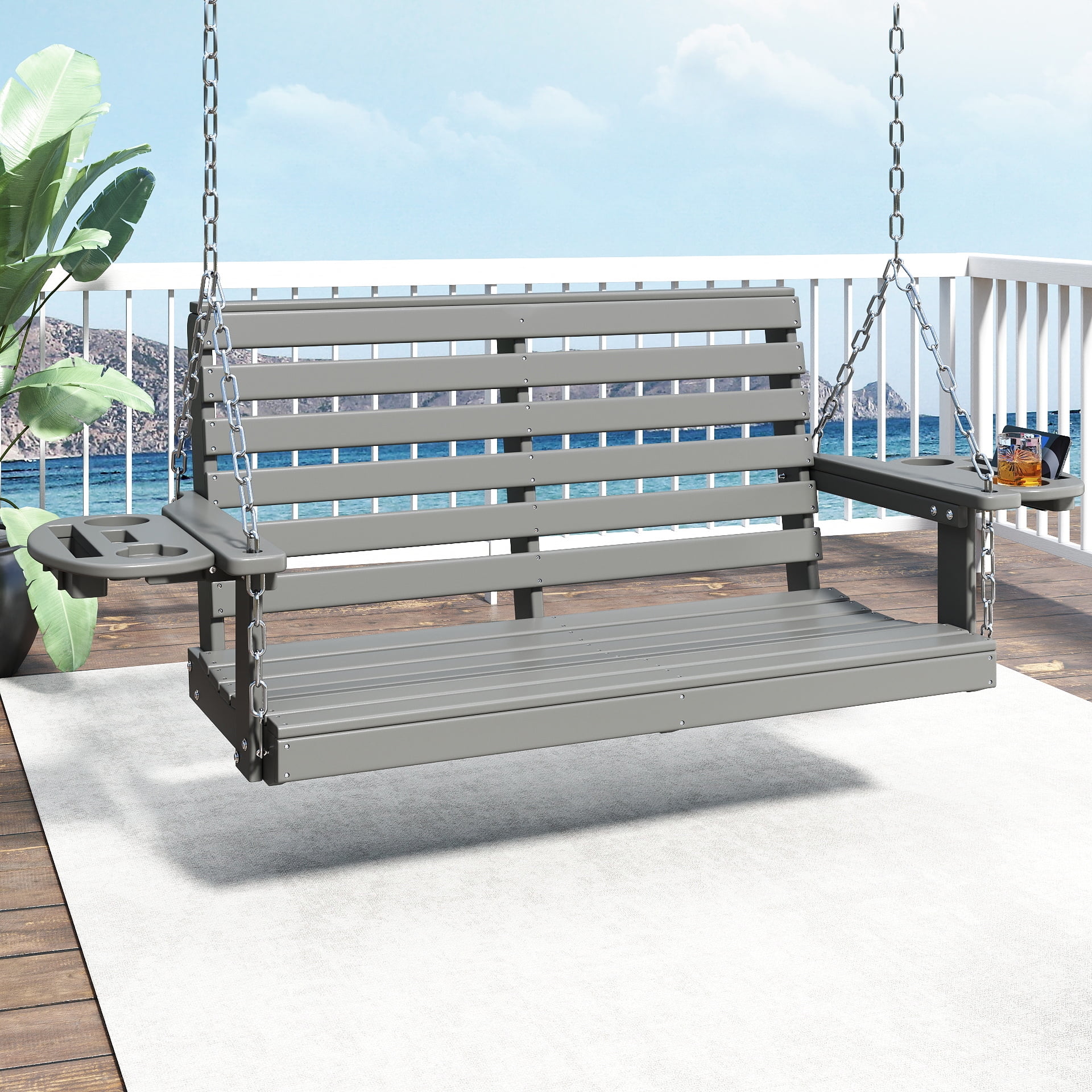 FOOWIN Outdoor Porch Swing, HDPE Patio Hanging Porch Swing with Cup Holder, Gray