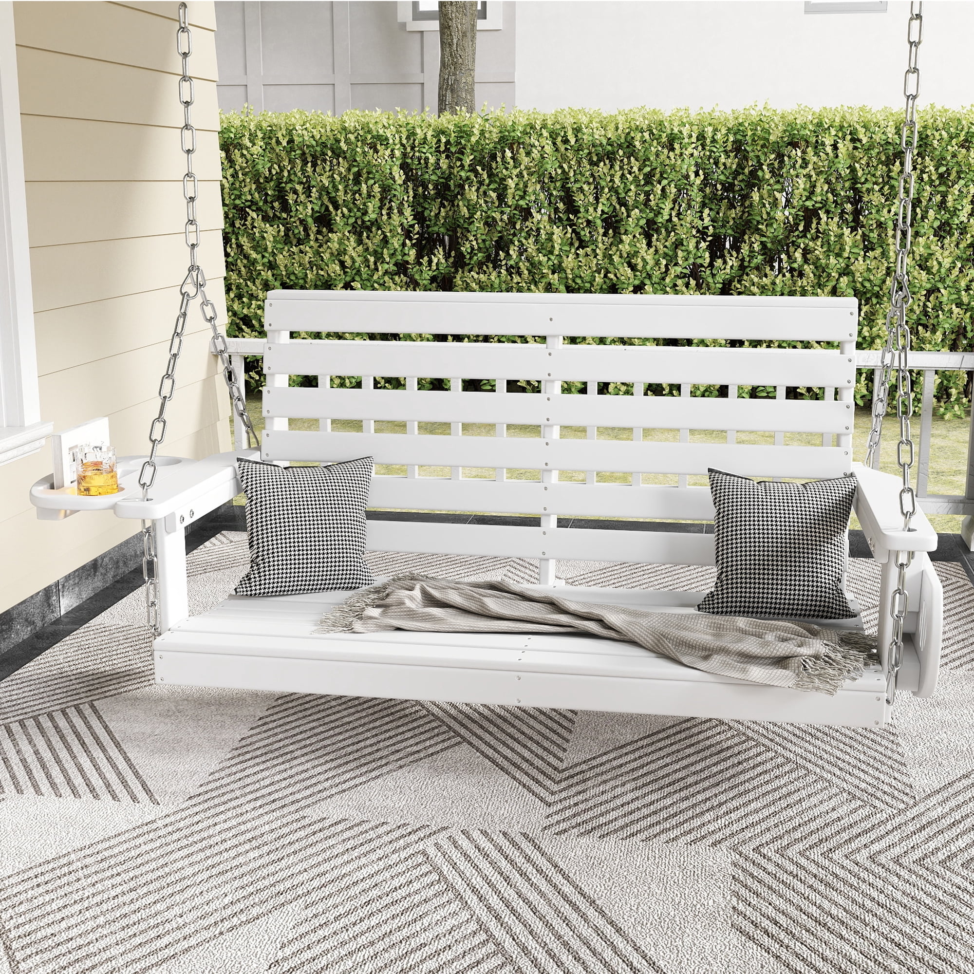 FOOWIN Outdoor Porch Swing, HDPE Patio Hanging Porch Swing with Cup