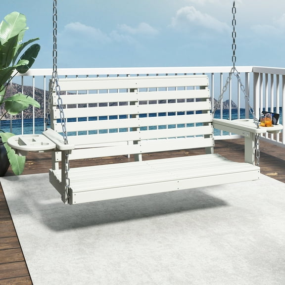 FOOWIN Outdoor Porch Swing, HDPE Patio Hanging Porch Swing with Cup Holder, White