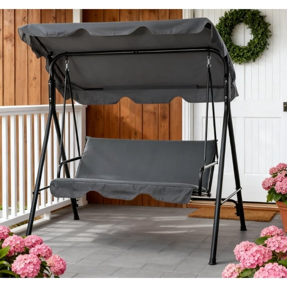 Outdoor Porch Swing with Adjustable Canopy | 3-Person Cushioned Steel Frame for Patio, Garden | Slate Gray | Polyester,Steel