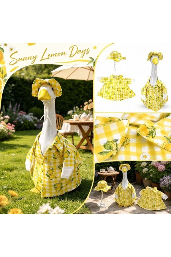 Outdoor Porch Yard Decoration, Lemon Gingham 23 Inch Summer Goose Outfit, Two-Piece Summer Set with Sun Protection Bucket Hat, Casual Everyday Wear Goose, Lightweight Printed