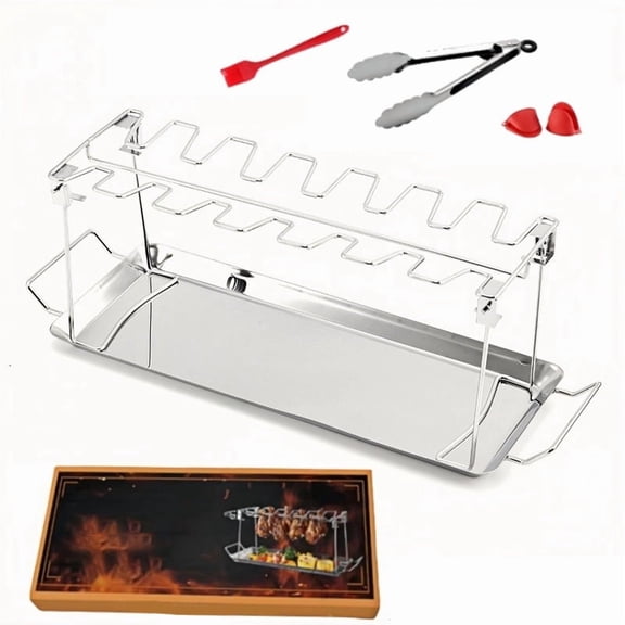 Outdoor Portable 5 Piece Stainless Steel BBQ Chicken Rack Set with Tray