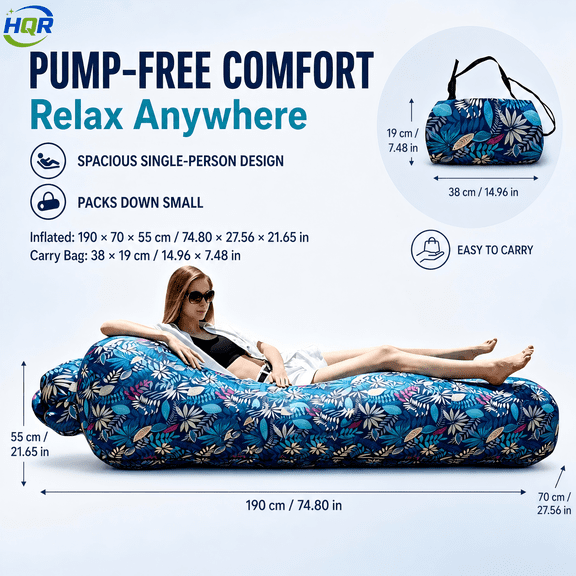 Inflatable Lounger Air Sofa, Pump-Free Portable Camping Couch with Carry Bag, Waterproof Outdoor Lounge Chair for Beach, Park and Poolside, Dark Blue Pattern
