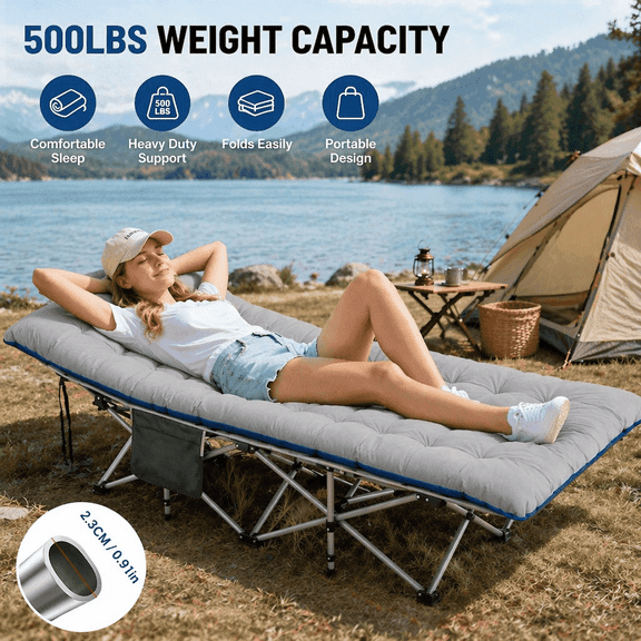Outdoor Portable Foldable Bed, Heavy-Duty Travel Bed with Thick Mattress, Sturdy and Lightweight Frame, Easy to Assemble, Ideal for Camping, Exploring, and Hiking