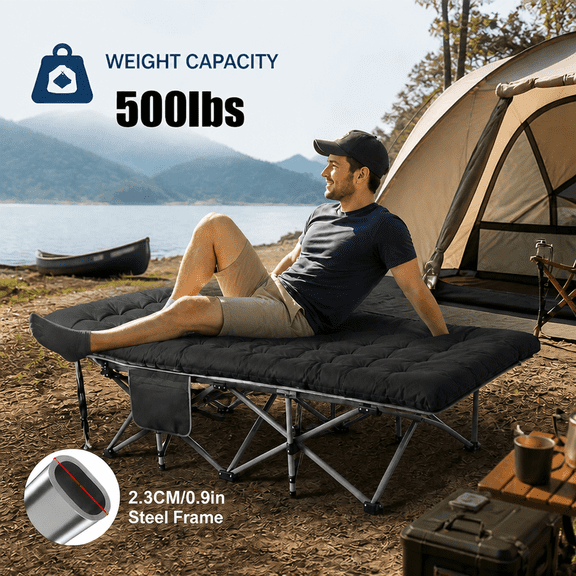 Outdoor Portable Foldable Bed, Heavy-Duty Travel Bed with Thick Mattress, Sturdy and Lightweight Frame, Easy to Assemble, Ideal for Camping, Exploring, and Hiking