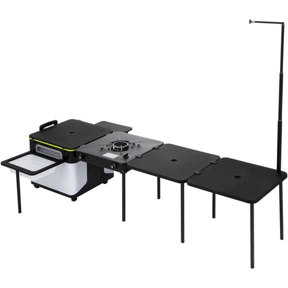 Outdoor Portable Mobile Kitchen Camp Box with Wheels All in One Integrated Cooking Station Windproof Stove Folding Tables Storage Organizer Black