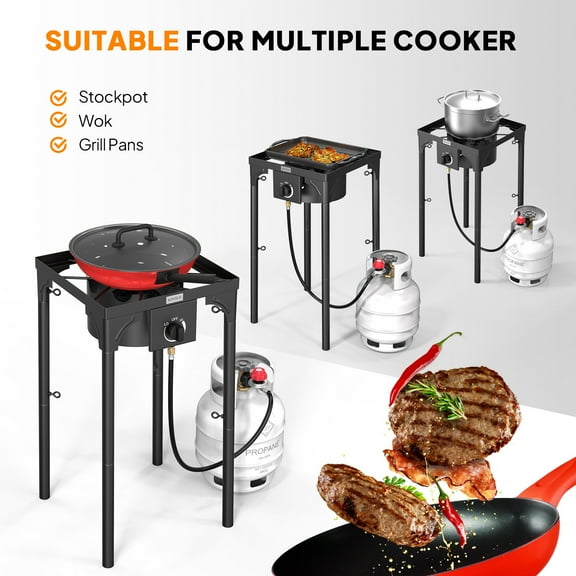 Outdoor Portable Propane Stove Gas Cooker, Heavy Duty Iron Cast Patio Burner with Detachable Stand Legs for Camp Cooking (1-Burner 100, 000-BTU)