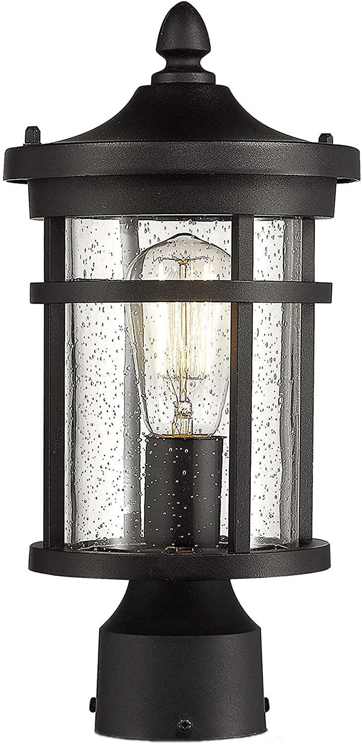 Outdoor Post Light, 13.75" Height Exterior Post Lighting Fixture, Outdoor Patio Post Lantern for Pathway, Driveway, Front/Back Door, Post Lamp in black finish with seeded glass