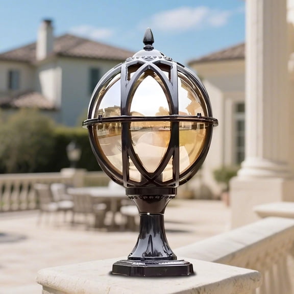 Outdoor Post Light Fixture Retro Amber Glass Ball Pillar Lights Waterproof Die-cast Aluminum Column Lamp Villa Courtyard Garden Park Doorpost Light Fence Light Landscape Lighting