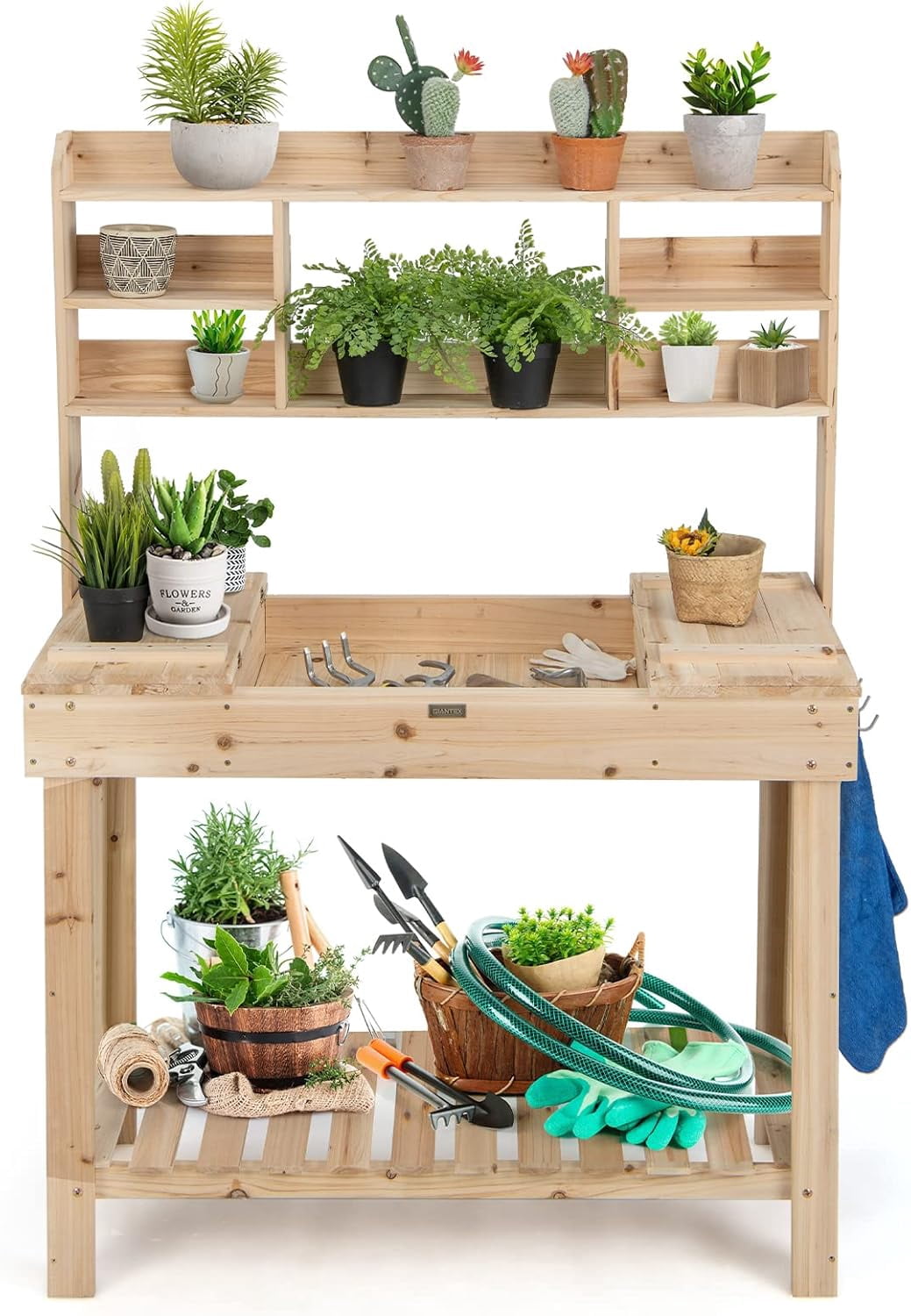 Outdoor Potting , 60.5” Wooden Garden Table with Storage, Flip-Up ...