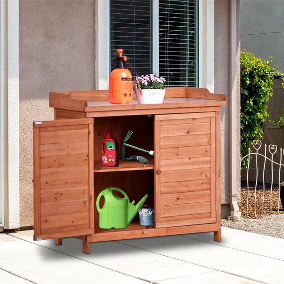 Outdoor Potting Bench, 39" Rustic Garden Console Table with 2-Tier Shelves and Side Hook, Wooden Workstation with Metal Tabletop Surface and 2 Doors for Park, Mudroom, Backyard, Orange