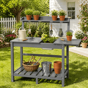 Outdoor Potting Bench, HDPE Garden Workstation Table with Sliding Top & Removable Sink, Storage Shelf, Hooks & Wheels for Gardening, Patio, Backyard
